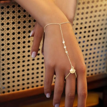 Emibele Gold Bracelets for Women, 18K Gold Plated Hand Chain, Cubic Zirconia Stainless Steel Non Tarnish Hand Chain Bracelet with Finger Ring, Adjustable Trendy Jewelry Valentines Day Gifts for Women - style: Shell Design