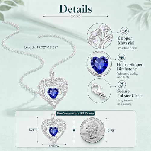 Gamtic Tree of Life Birthstone Pendant Necklace - Heart Cubic Zirconia Diamond Necklace Birth Month Necklaces Birthday Gift for Her Wife Mom Daughter Grandma Girlfriend Anniversary Jewelry Gift - style: September