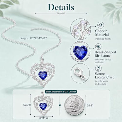 Gamtic Tree of Life Birthstone Pendant Necklace - Heart Cubic Zirconia Diamond Necklace Birth Month Necklaces Birthday Gift for Her Wife Mom Daughter Grandma Girlfriend Anniversary Jewelry Gift - style: September