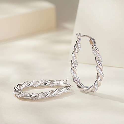 14K Gold Plated Hoop Earrings 925 Sterling Silver Post Earring for Women - color: White-White CZ