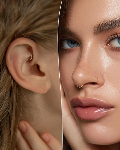 14K Solid Gold Nose Rings, Yellow Gold, 18g/16g/20g | For Women Man, Real Gold, 14Kt, Tiny Seamless Hoop, Nose Piercing, Cartilage Earring, Hypoallergenic - color: HoopA, size: 20g-7mm