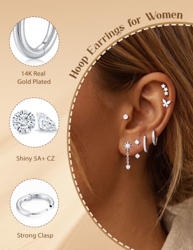 Turandoss 24Pcs Flat Back Earring Stacks, 316L Surgical Steel Earrings | Hypoallergenic Earrings for Sensitive Ears, Small Dainty Earrings Set, Helix Tragus Conch Daith Piercing Jewelry - color: Silver