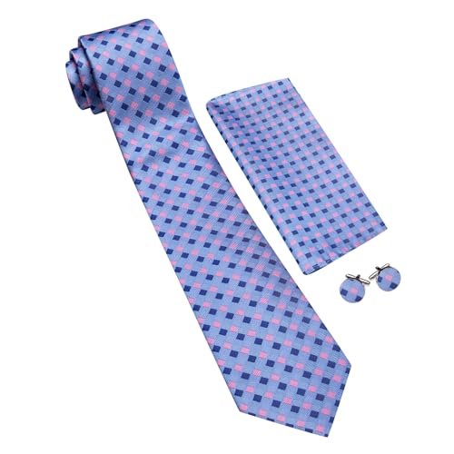 YOHOWA Men Plaid/Striped Ties Clip Set Silk Necktie Pocket Square Cufflinks | Woven Classic,Formal/Casual Mens Tie,Pocket Square Cufflinks Set,Luxury,Business,Wedding,Party,Prom,Graduation - color: Blue Pink