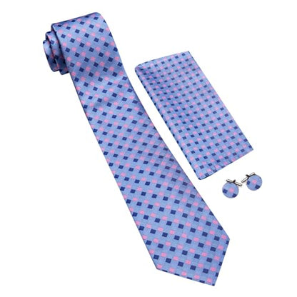 YOHOWA Men Plaid/Striped Ties Clip Set Silk Necktie Pocket Square Cufflinks | Woven Classic,Formal/Casual Mens Tie,Pocket Square Cufflinks Set,Luxury,Business,Wedding,Party,Prom,Graduation - color: Blue Pink