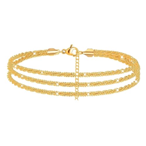 Nanafast Women's Ankle Bracelets, Sparkling Multi-layer Anklet Bracelets for Women, Adjustable Shiny Gold/Silver Anklets for Women, Beach Cute Anklets Jewelry for Summer - color: 3layersGold