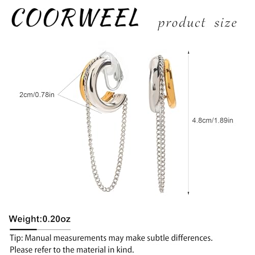 Gold Silver Trendy Clip On Dangle Earrings for Women | Clip On Drop Earrings, Tassel Chain Hoop Earrings, Non Piercing, Fashion Jewelry Gifts - color: A Clip-Two Tone