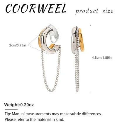 Gold Silver Trendy Clip On Dangle Earrings for Women | Clip On Drop Earrings, Tassel Chain Hoop Earrings, Non Piercing, Fashion Jewelry Gifts - color: A Clip-Two Tone
