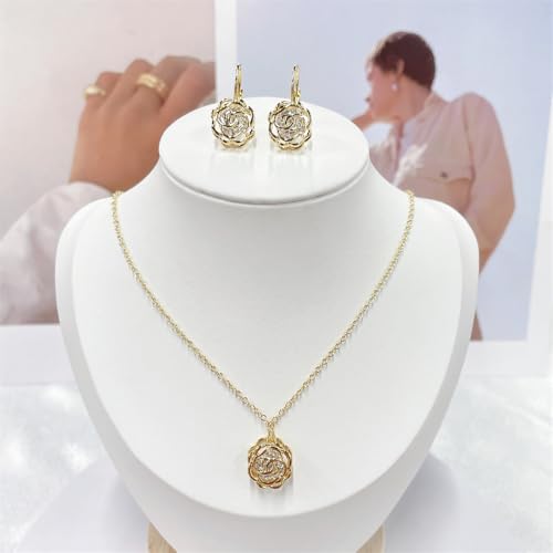 Rose Flower Jewelry Sets for Women Dainty Blooming Filigree Flower Austrian Crystal Choker Necklace Earring Set for Wedding Valentine Fashion Jewelry for Brides Bridesmai - color: Gold
