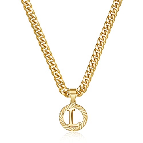 KissYan Initial Pendant Necklaces for Women Men | 14K Gold Filled/White Gold Plated, Hollow Round Letter Capital Monogram Charm with 5mm Cuban Chain, Alphabets from A-Z - color: Gold, style: L
