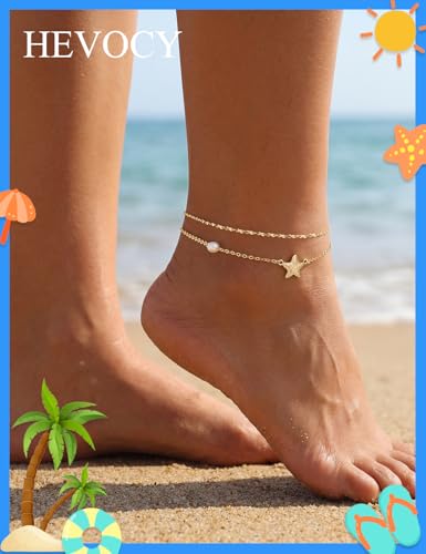 Gold Anklet Set for Women, Layered Beach Anklets | Layered gold-tone ankle bracelets, designed for beach days, vacations, and summer wear - style: Gold Anklet 5