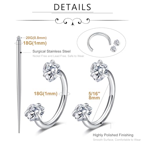 MODRSA Silver Gold Horseshoe Nose Ring 18g Double Gem Horse Shoe Nose Ring Hoop for Women Surgical Steel Half Hoop U Shape Tragus Earring Hoops Labret Lip Helix Piercing Jewelry Septum Rings 18 Gauge - color: D1- 18g Heart zircon -silver 2pcs