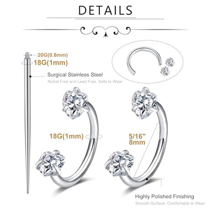 MODRSA Silver Gold Horseshoe Nose Ring 18g Double Gem Horse Shoe Nose Ring Hoop for Women Surgical Steel Half Hoop U Shape Tragus Earring Hoops Labret Lip Helix Piercing Jewelry Septum Rings 18 Gauge - color: D1- 18g Heart zircon -silver 2pcs