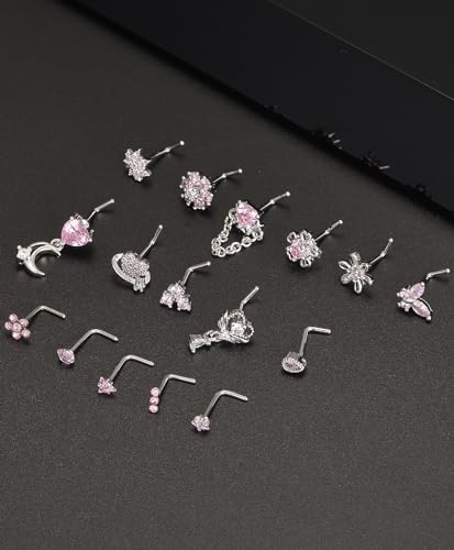 Tornito 16Pcs Nose Rings L Shaped Nose Stud Stainless Steel Butterfly Flower Leaf Heart Moon Dangle Nose Stud Ring Body Piercing Jewelry for Women Men 20G Pink Blue Clear CZ - color: A: Pink