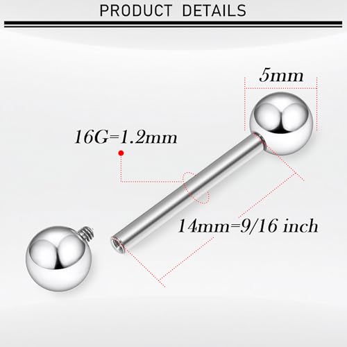 16G-00G Tongue Rings Nipple Piercings Internally Threaded Straight Barbell 316L Surgical Steel Body Piercing Jewelry for Women Men Black silver 12mm 14mm 16mm 19mm Bars Length - color: Silver, size: 16G(1.2mm)-14mm barbells-5mm Balls
