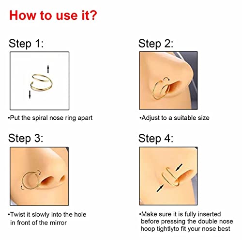 Renkovte Double Nose Ring for Single Piercing,20G Snug Spiral Nose Rings Hoops 8mm Thin Nose Piercing Jewelry for Women - style: Left Side 4PCS 8mm