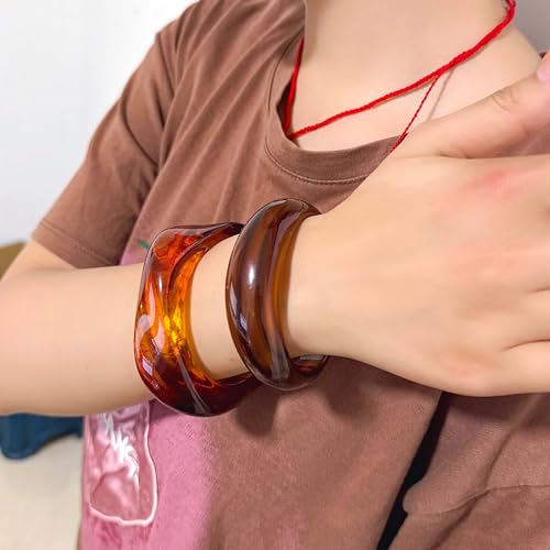 2PCS Chunky Acrylic Bracelet for Women Large Square Resin Cuff Vintage Open Bangle Bracelets Wide Geometric Jewelry - style: brown+brown