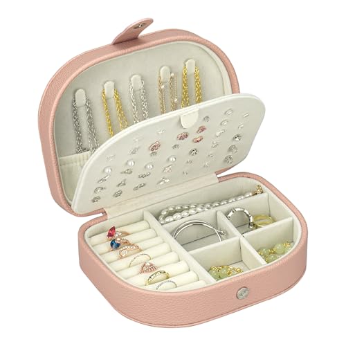 Travel Jewelry Case for women, Small Travel Jewelry Box | Pink Leather Double-Layer Portable Jewlery Organizers Box, Mini Travel Jewelry Organizer for Stud Earrings, Rings, Necklaces - color: Pink