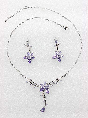 Faship Gorgeous CZ Crystal Floral Necklace Earrings Set - color: Lavender