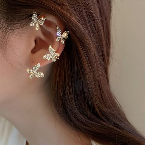 Butterfly Ear Cuff Earrings Sparkly Butterfly Ear Wrap Clip On Earrings Fairy Right Left Ear Cuffs Non Piercing - color: Gold