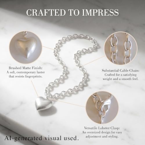 Puffy Heart Pendant Necklace for Women | Long and Short Pendant Necklace with 18K Gold Plated Heart Charm Statement Fashion Jewelry Gift - size: Long, style: Silver Chain & Heart