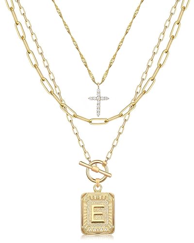 MJartoria Layered Initial Necklaces for Women Trendy, 14K Gold Plated Brass Simple Dainty Cross Choker Square Letter Pendant Necklace, Paperclip Chain Necklaces Jewelry - color: Gold, style: E