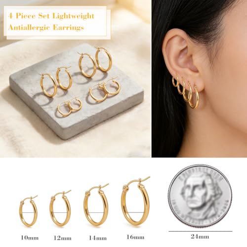 4 Pairs Gold Silver Small Hoop Earrings Huggie for Women Surgical Steel Set | 10/12/14/16 mm, Hypoallergenic, Lightweight Hoop Earrings Set, 14K Gold Silver 316L Stainless Steel, Multiple Piercings - color: Gold/4 Pairs