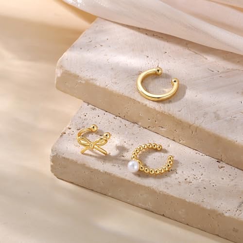 14K Gold Plated Ear Cuff Earrings for Women, Dainty Ear Cuffs Clip on Earrings Non Piercing Trendy Cubic Zirconia Cartilage Hoop Earring Fashion Jewelry Sets for Women - color: 3PCS/Pearl
