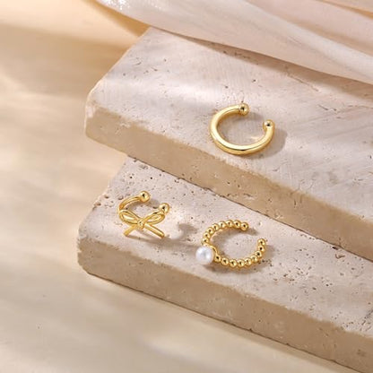 14K Gold Plated Ear Cuff Earrings for Women, Dainty Ear Cuffs Clip on Earrings Non Piercing Trendy Cubic Zirconia Cartilage Hoop Earring Fashion Jewelry Sets for Women - color: 3PCS/Pearl