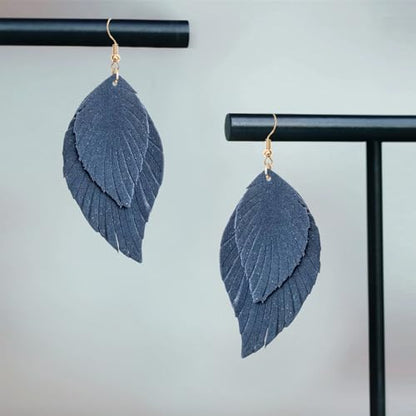 Handmade Bohemian Large Soft Genuine Leather Fringe Double Feather Dangle Drop Earrings Lightweight Simple Color PU Leaf Hook Earrings for Women - color: Navy