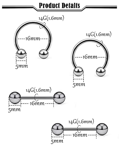 16G 14G G23 Titanium Nipple Piercing Jewelry Tongue Rings Hypoallergenic Horseshoe Captive Bead Tongue Nipple Ring Nipplerings Barbells Hoops Rings Piercing Jewelry for Women Men 14MM 3 Pairs - color: Silver Tone 14gauge