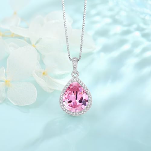 FJ Teardrop Pendant Necklace 925 Sterling Silver Birthstone Jewelry for Women - color: 10 October-Pink Tourmaline