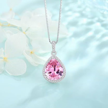 FJ Teardrop Pendant Necklace 925 Sterling Silver Birthstone Jewelry for Women - color: 10 October-Pink Tourmaline