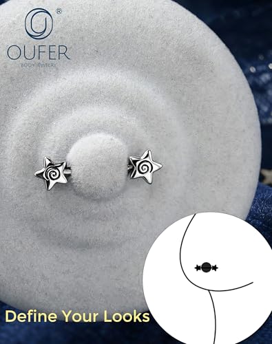 OUFER 14G Star Spiral Nipple Piercing Jewelry 316L Surgical Stainless Steel Straight Barbell 14mm Bar Length Nipple Rings for Women Men