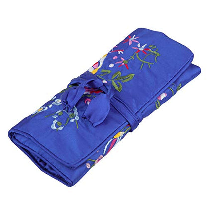 TUMBEELLUWA Embroidery Travel Jewelry Bag Roll Embroidered Flower and Bird Brocade Organizer with Tie Close - color: #6 Blue