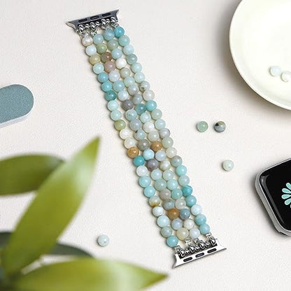 Newlibery Natural Stone Bracelet Beaded-Bands Women Compatible with Apple Watch 38mm 40mm 41mm 42mm (S10/11) Feminine Cute Handmade Stretch Strap for iWatch Series 11/10/9/8/7/6/5/4/3/2/1 SE 3/2/1 - color: A3 Light green and white, size: 38/40/41/42mm(s10