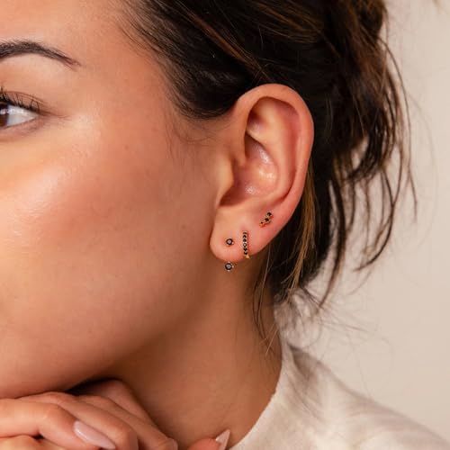 3 Pairs Dainty Small Earrings Set for Women Trendy, Birthstone Stud Huggie Hoop Jacket Stack for Cartilage Helix, Gold Plated Hypoallergenic Cute Women Fashion Accessories Western Jewelry Gifts - color: Black CZ (Gold)
