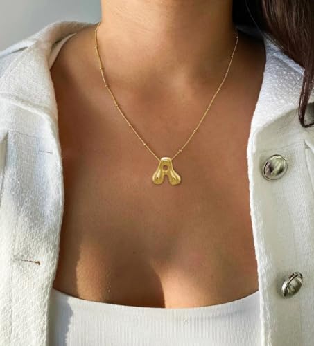 Bheop Initial Necklace for Women, Gold Silver A-Z Bubble Letter Necklace | Chunky Personalized Monogram Name Pendant, Cute Balloon Charm, Dainty Beaded Chain, Trendy Jewelry Gifts, Non Tarnish - color: Gold, style: A1