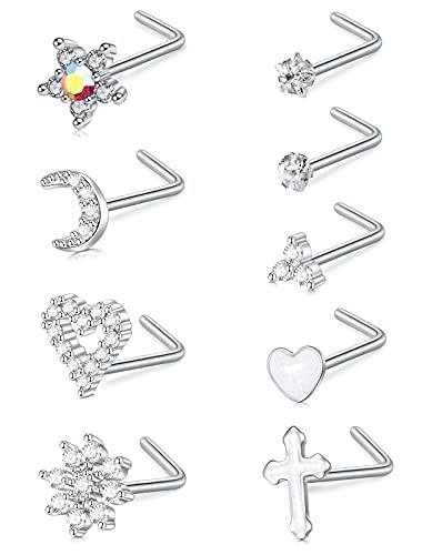 Briana Williams Nose Studs Nose Rings for Women 18G 20G Corkscrew Nose Ring Stainless Steel Nose Screw Studs Nose Rings Studs Surgical Steel Nostril Nose Piercing Jewelry - color: E1 -9pcs, silver