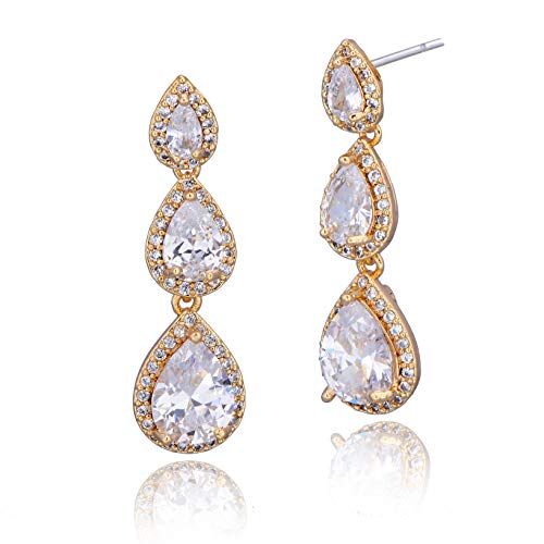 Women's Cubic Zirconia Bridal Earrings - Elegant Long Wedding Party Prom Earring for Bride Bridesmaids Crystal CZ Rhinestone Chandelier Statement Dangle Drop Earrings for Women - color: Gold