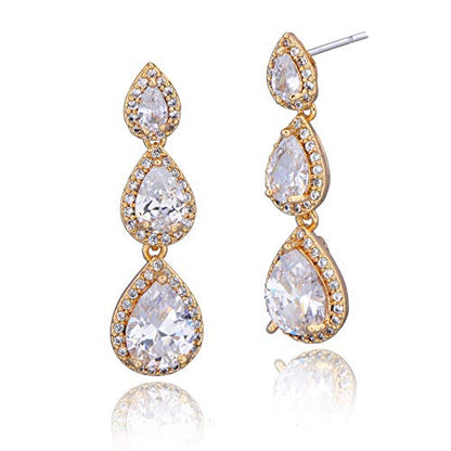 Women's Cubic Zirconia Bridal Earrings - Elegant Long Wedding Party Prom Earring for Bride Bridesmaids Crystal CZ Rhinestone Chandelier Statement Dangle Drop Earrings for Women - color: Gold