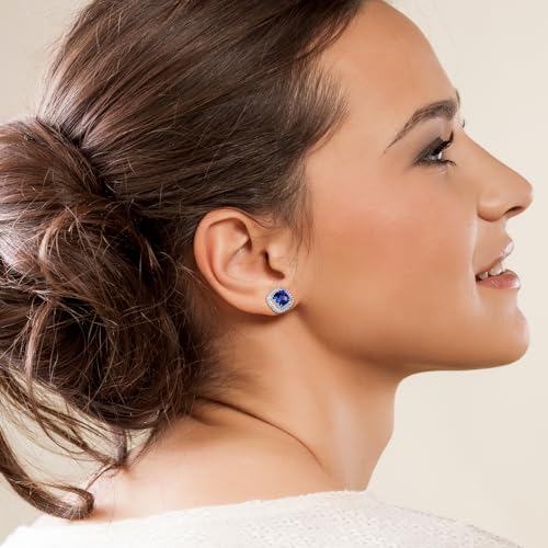 Dainty Birthstone Earrings for Women Sterling Silver Small Stud Earrings with Halo Cushion/Round Created Gemstone Earrings Birthstone Jewelry - style: A 09. Sep./created blue sapphire-cushion cut
