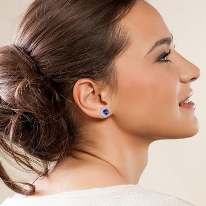 Dainty Birthstone Earrings for Women Sterling Silver Small Stud Earrings with Halo Cushion/Round Created Gemstone Earrings Birthstone Jewelry - style: A 09. Sep./created blue sapphire-cushion cut