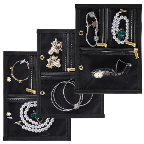 Leather Travel Jewelry Case Organizer,Jewelry Storage Book Binder with Clear Zipper Pouch & Lining-Portable Jewelry Bag for Earrings,Rings,Necklaces,Bracelets (3 PCS Black- Inner Pages) - color: 3 PCS Black- Inner Pages