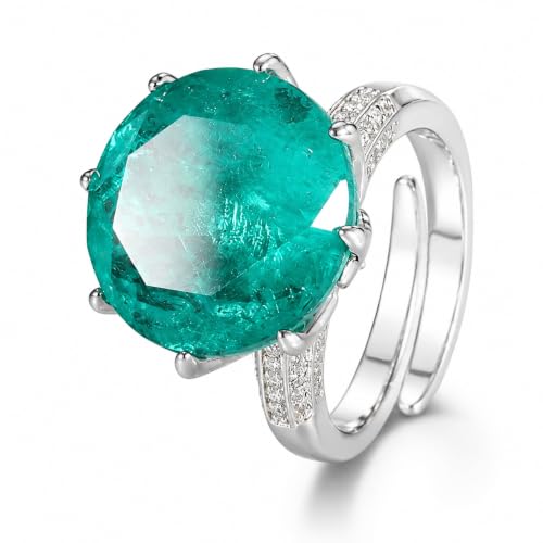 Large Round Gem 8-Prong Open Ring, 3 Colors Red Blue Aqua Green Triple Pave Silver Heavy Cocktail Ring for Women - color: green
