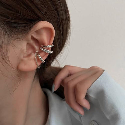 3Pcs Ear Cuffs Non Piercings for Women, Trendy Cubic Zirconia Gold Silver Clip On Cuff Earrings Set Jewelry Dainty Fake Cartilage Earring - color: Silver Chain
