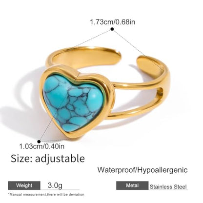 Blue Turquoise Heart Ring Natural Gemstone Love Hearts Open Adjustable Statement Promise Wedding Engagement Finger Band Boho Western Holiday Jewelry 18K Golden Plated Stainless Steel Rings for Women