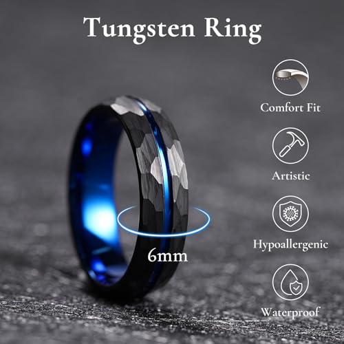 King Will Men's Tungsten Carbide Wedding Ring Hammered Groove Wedding Band Mens Two Tone Engagement Ring for Men and Women Matte Brushed Finish Comfort Fit - color: 6mm Black & Blue - Groove
