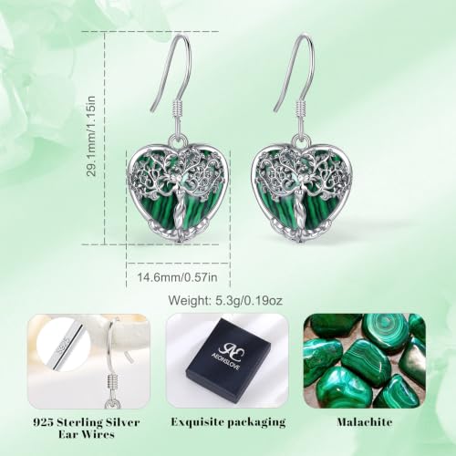 AEONSLOVE Tree of Life Crystal Earrings with Sterling Silver Ear Hooks, Dangle Drop Tree Earrings Gifts for Women - style: A01-Malachite-Heart