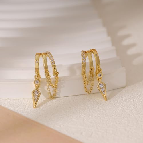 Dangle Earrings for Women,14k Gold Plated Triple Huggie Stud Earrings Cute Statement Chain Earring Dainty Drop Earrings for Women Trendy Gold Plated Jewelry - color: dangle1-Gold