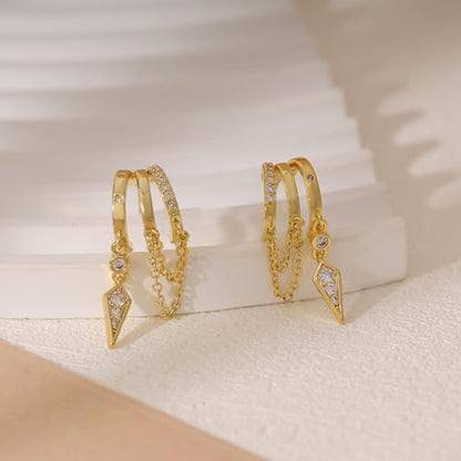 Dangle Earrings for Women,14k Gold Plated Triple Huggie Stud Earrings Cute Statement Chain Earring Dainty Drop Earrings for Women Trendy Gold Plated Jewelry - color: dangle1-Gold